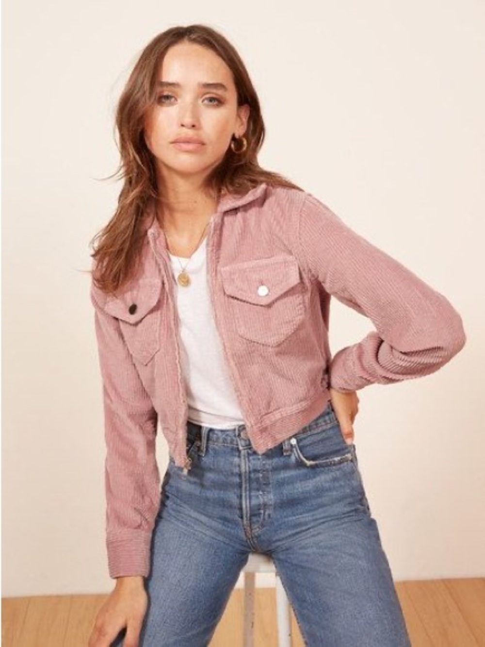 Reformation Cropped Corduroy Jacket in Dusty Rose